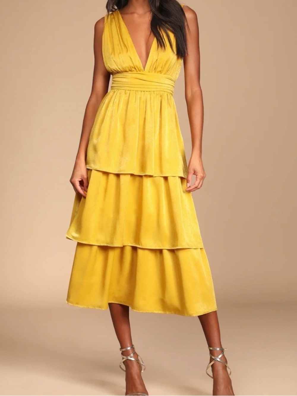 LULUS Peak Party Vibe Satin Tiered Tie-Back Midi Dress Yellow Size XL NWT